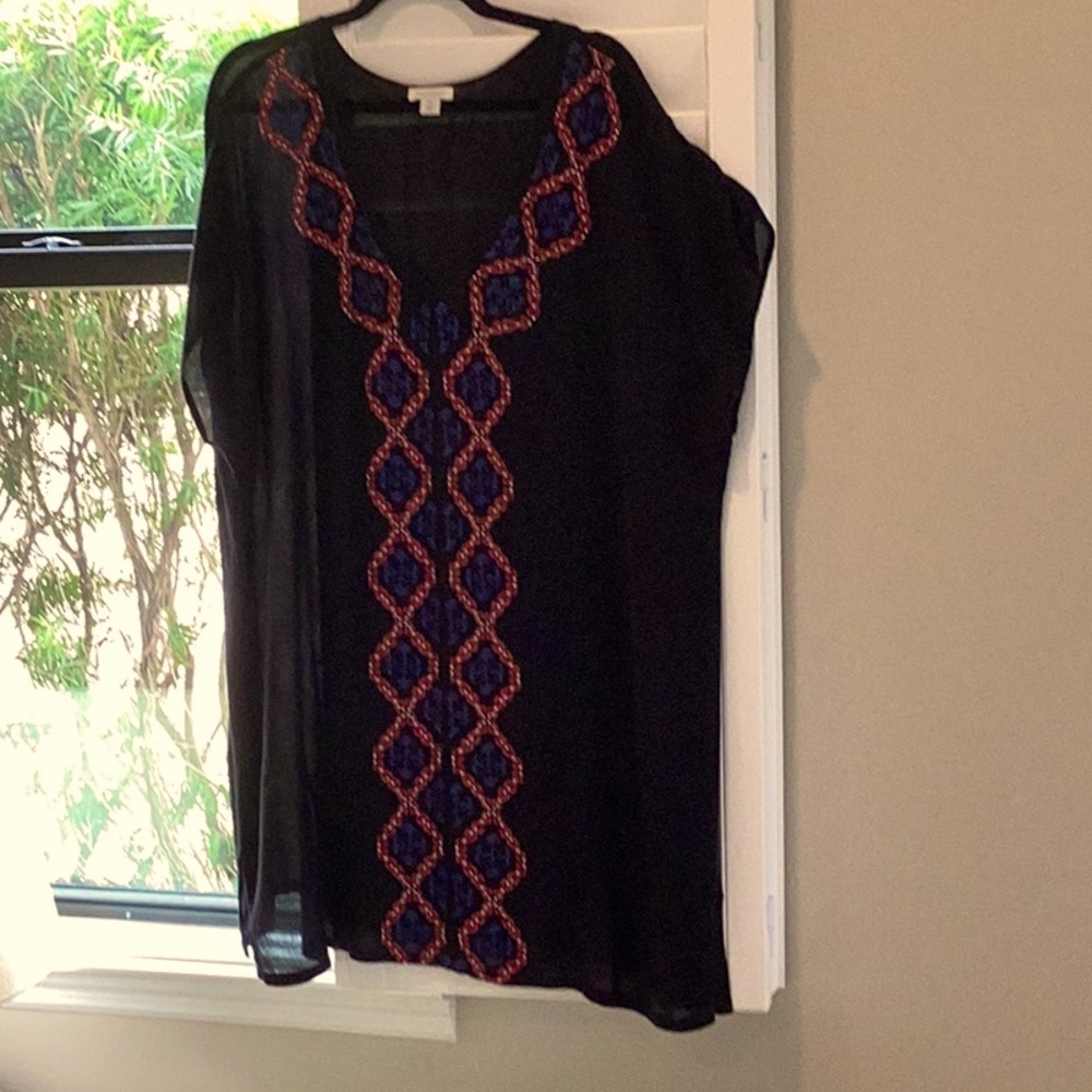 Sundance cover up. 100% rayon, black with gorgeous embroidery in muted tones.
